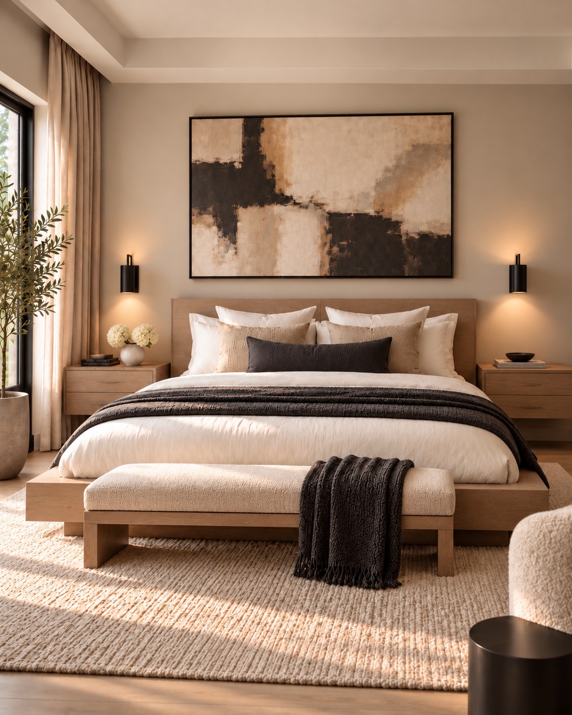 M3K bedroom design inspiration with warm neutrals, layered bedding, and black accents