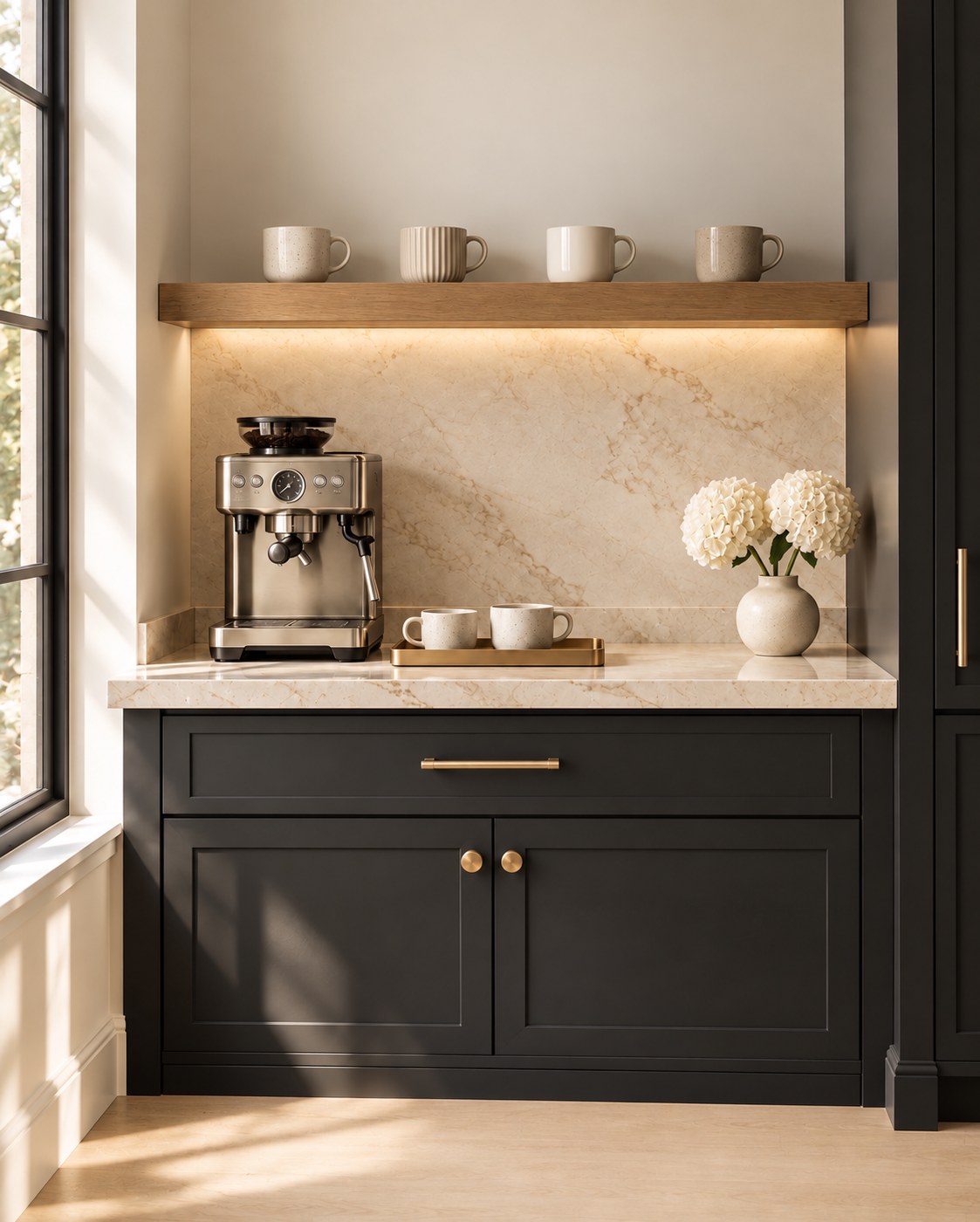 M3K coffee corner inspiration with dark cabinetry, warm stone, and brass accents