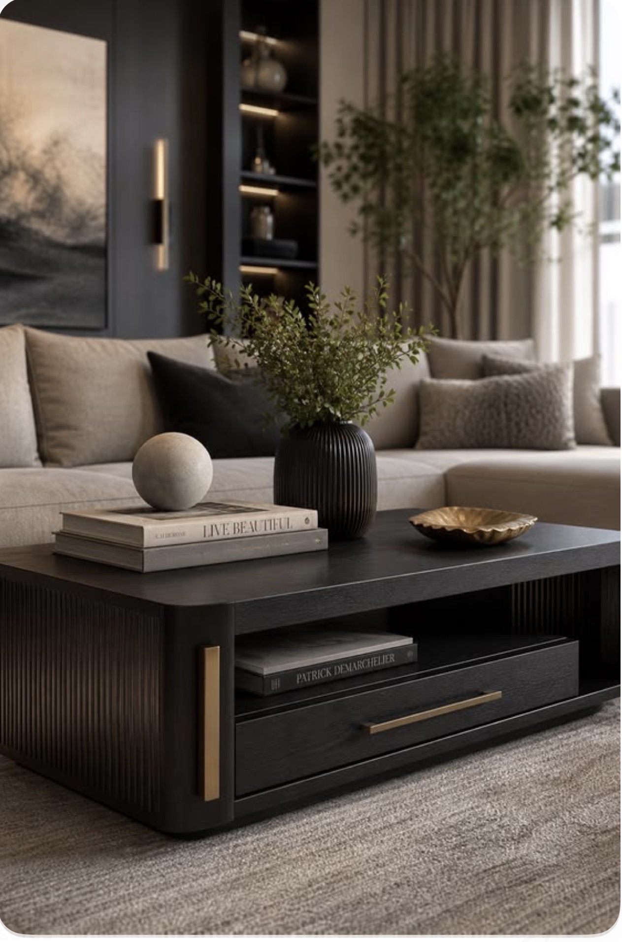 Warm living room with cream seating, a black coffee table, greenery, and soft gold accents