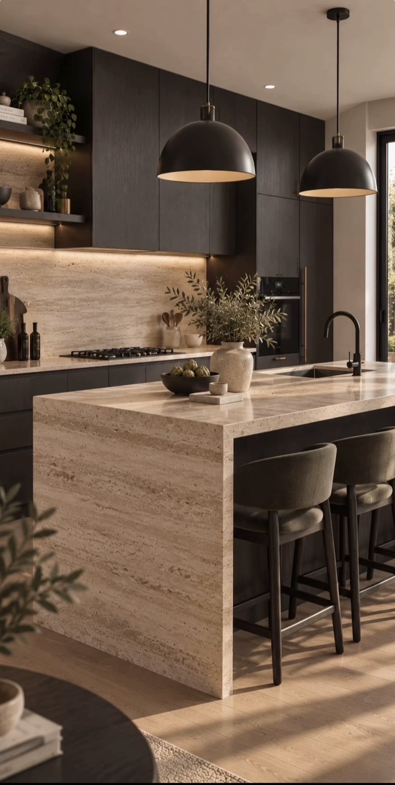 Warm modern kitchen with a pale stone island, dark cabinetry, and black pendant lights