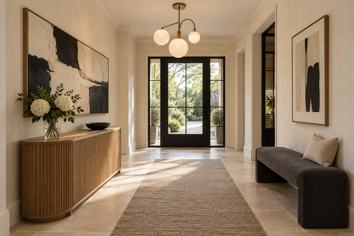 Welcoming modern entrance with a wood console, charcoal bench, and sculptural brass lighting
