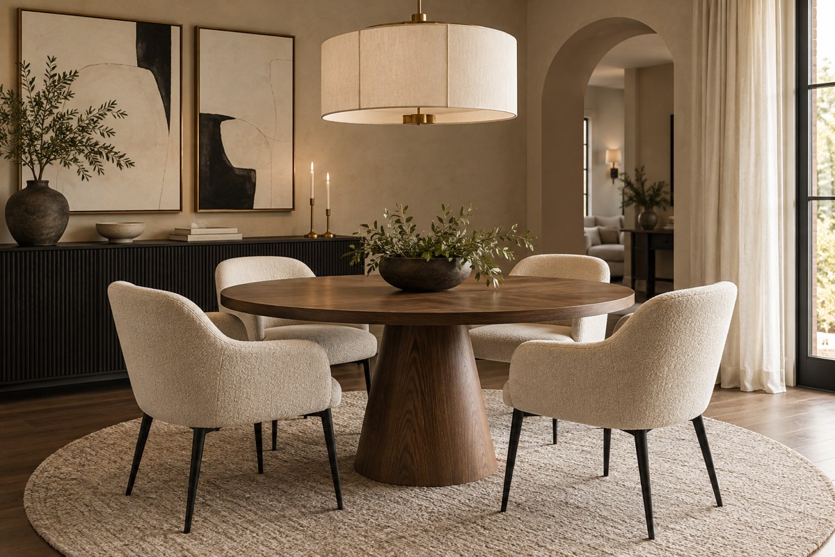 Complete dining room with coordinated furniture, artwork, lighting, and warm layered textures