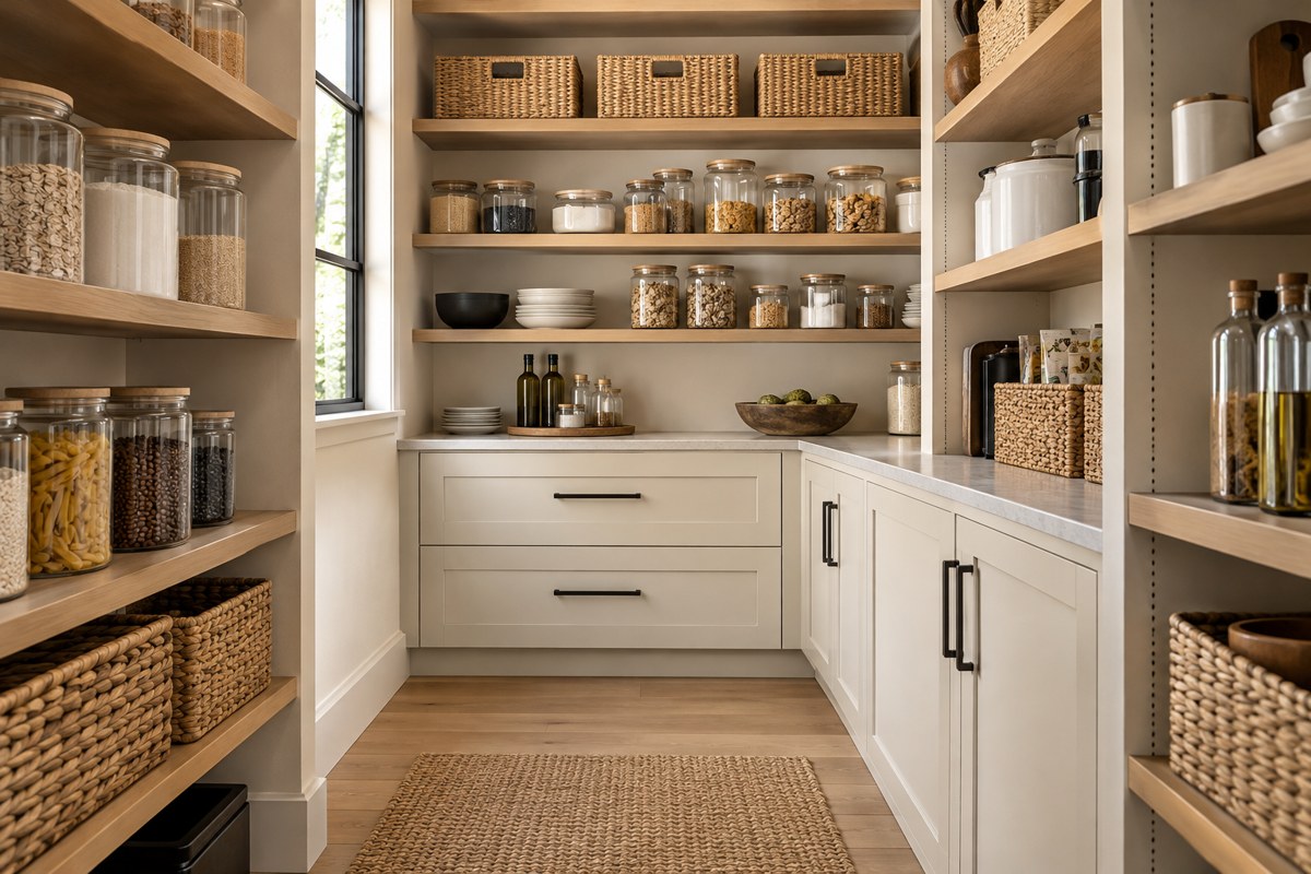 Organized pantry with practical shelving, glass storage jars, and woven baskets